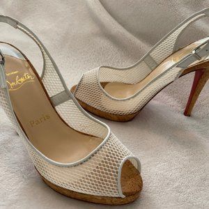 Christian Louboutin Mademoiselle Mesh White Fishnet Cork Shoes - US Size 9